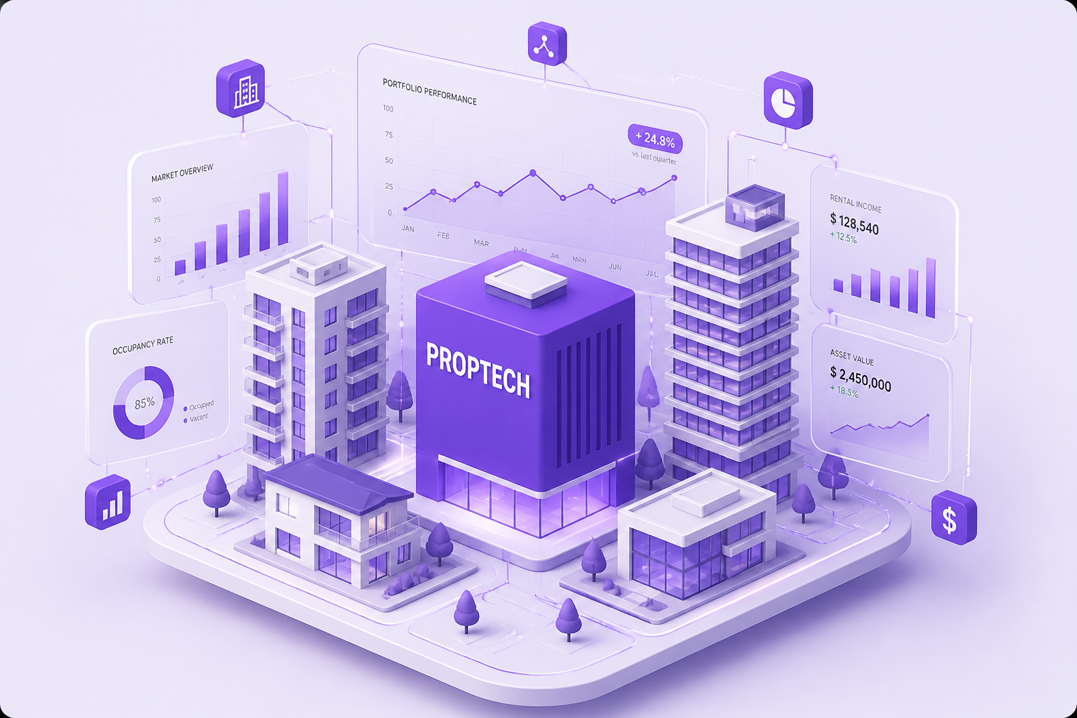 NOBZO proptech platform illustration with buildings and property data
